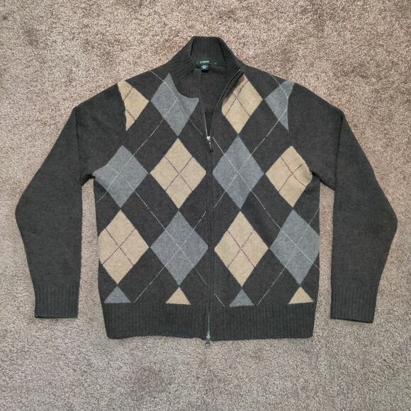 J. Crew Men's L 100% Lambs Wool Diamond Brown Full Zip Sweater Jacket - Picture 1 of 8
